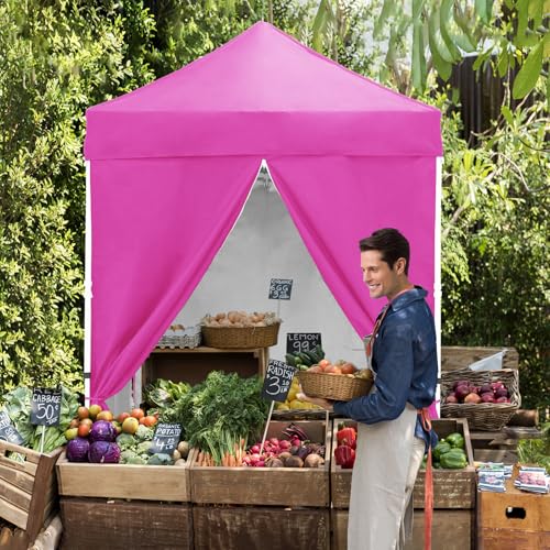 EAGLE PEAK 5x5 Instant Canopy with 4-Side Wall Panels, Small Pop up Portable Canopy Tent with Carry Bag, Light Weight Sun Shelter for Sports, Camping and Beach, Pink - color: Pink
