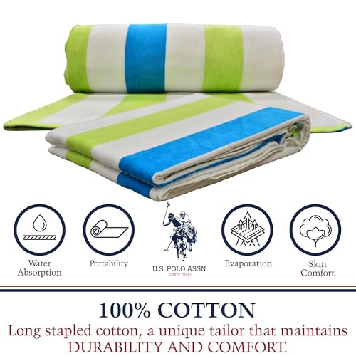 U.S. Polo Assn. Oversized (40” x 70”) Striped Nautical Design Beach Towel - Luxury Plush Cotton Hotel Quality for Bath, Pool - Cabana Stripe Green/Tuq - color: Cabana Stripe Green/Tuq, size: 40" x 70"