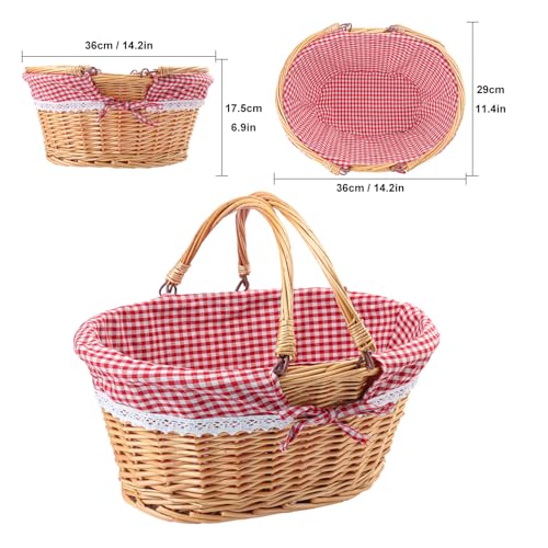 14.2 Inch Natural Wicker Basket with Linen Cotton Cloth Lining, Oval Wicker Woven Basket with Handle, Willow Woven Picnic Baskets for Picnic, Camping, Party(Large) - size: 1 Pack 14.2in Natural(Round willow)
