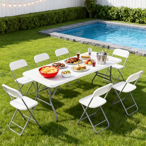 BestOffice 6 FT Picnic Table, Portable Plastic Folding Table with Carrying Handle Perfect for Picnics, Parties, Party and Camping, White - color: White, size: 6 FT 70"x28"