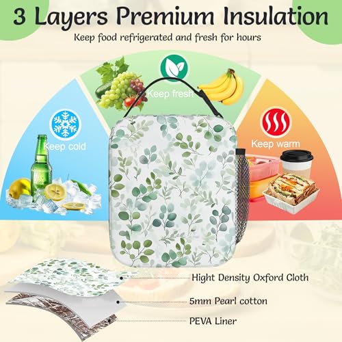 Insulated Small Lunch Box,Eucalyptus Leaves Reusable Lunch Bag for Kids Adult Women,Watercolor Green Leaf Large Capacity Portable Thermal Bag with Mutiple Pockets for School,Work,Picnic - color: Eucalyptus Leaves