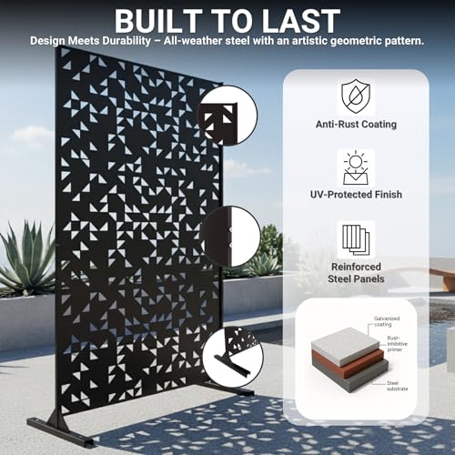 Metal Privacy Screen Outdoor 6FT – Laser-Cut Geometric Mosaic Decorative Steel Panel, Weather-Resistant Freestanding Rustproof Privacy Wall Divider for Patio, Garden, Deck & Balcony - color: Black Mosaic