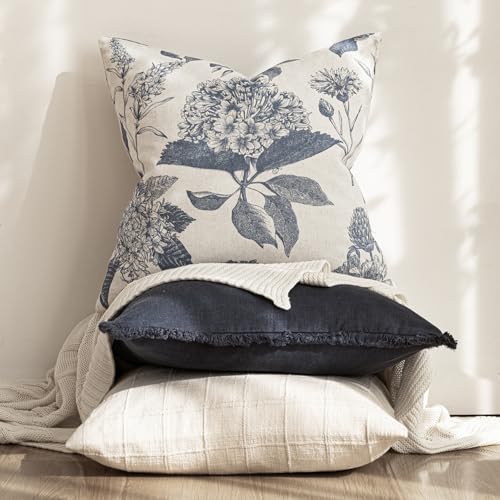 Foindtower Set of 2 Linen Floral Vintage Throw Pillow Covers Neutral Accent Print Decorative Cushion Covers Farmhouse Boho Home Decor for Sofa Chair Couch Bedroom Living Room,20×20 Inch,Blue - color: Aegean Blue, size: 20" x 20" (Pack of 2)
