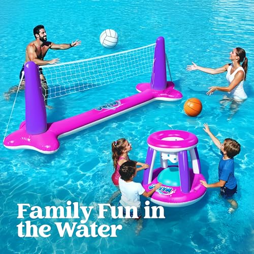 JOYIN Inflatable Pool Float Set Volleyball Net & Basketball Hoops, Floating Swimming Game Toy Floaties for Kids and Adults Volleyball Court (105”x28”x35”)|Basketball (27”x23”x27”),L-Pink Purple - color: Pink Purple, size: Large