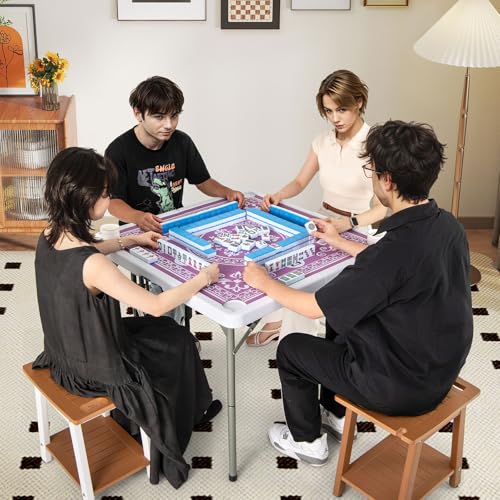Goplus Mahjong Table, 35" Square Folding Card Table w/4Cup Holders, Anti Slip Mat, HDPE Tabletop, Metal Legs, Portable Mahjong Game Table for Domino Game, Picnic (Pink, Table w/Removable Mat) - style: Pink, Table w/Removable Mat