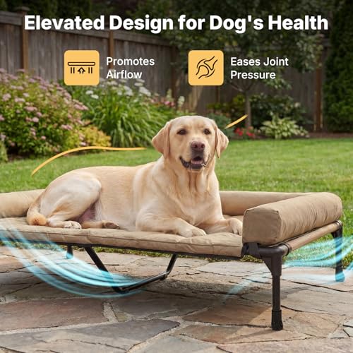 Veehoo Cooling Elevated Dog Bed Add Removable Waterproof Bolster Cushion Mat, Raised Pet Cot with Breathable Teslin Mesh, No-Slip Feet, Dog Couch Bed for Indoor Outdoor, 53 inches, Beige Coffee - color: Beige Coffee, size: 53.0"L x 37.5"W x 9.0"Th