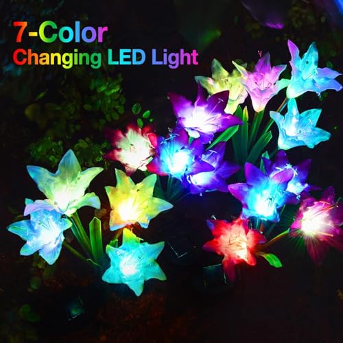 KOOPER Outdoor Solar Lights, 4 Pack Solar Garden Light with Bigger Lily Flowers, Waterproof 7 Color Changing Solar Lights Outdoor - Bigger Panel for Patio Yard Garden Decoration, Gift for Mom - size: 4 Pack