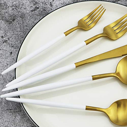 White Handle Matte Gold Silverware Set,Gugrida 5-Piece 18/10 Stainless Steel Satin Finish Flatware Set,Kitchen Utensil Set,Tableware Travel Cutlery Set for Camping Office Lunch, Dishwasher Safe - color: White Handle Gold, size: Service for 1