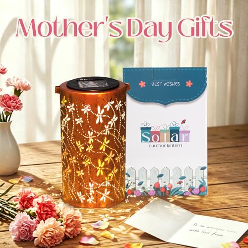 DIBIEECN Mothers Day Gifts for Mom, Birthday Gifts Grandma Ladies Solar Lanterns Outdoor Hanging Hollowed-Out Metal Waterproof LED Garden Decor Outside for Patio Yard Porch, Dragonfly, 1 Pack - style: Dragonfly