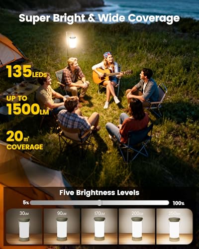 Glocusent 135 LED Ultra Bright Camping Lantern, Up to 200H, 5000mAh Camping Lights with 3 Colors & 5 Brightness, SOS, Max 1500LM, Rechargeable Lantern for Power Outages Camping Hiking Emergency