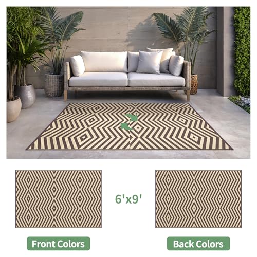 GENIMO Outdoor Rug for Patio Clearance, 6'x9' Reversible Plastic Straw Rugs, Lightweight Waterproof Modern RV Camping Mat for Camper, Balcony, Deck, Backyard, Picnic, Coffee Beige - color: Coffee&beige-x, size: 6' x 9' (Rectangular)