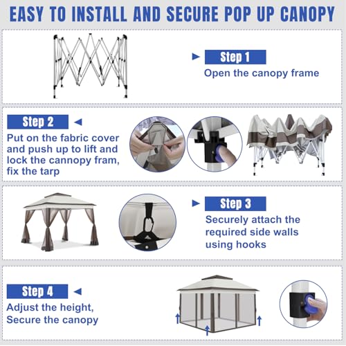 Yesker 10x10 Pop Up Canopy Tent w Mesh Netting Sidewall Vented Top - Heavy Duty Outdoor Canopy, Easy Setup Shelter Gazebo Waterproof 10x10 Popup Tnets for Patio Backyard Parties & Events, Khaki Brown - size: 10x10FT Khaki Brown w Netting Sidewall
