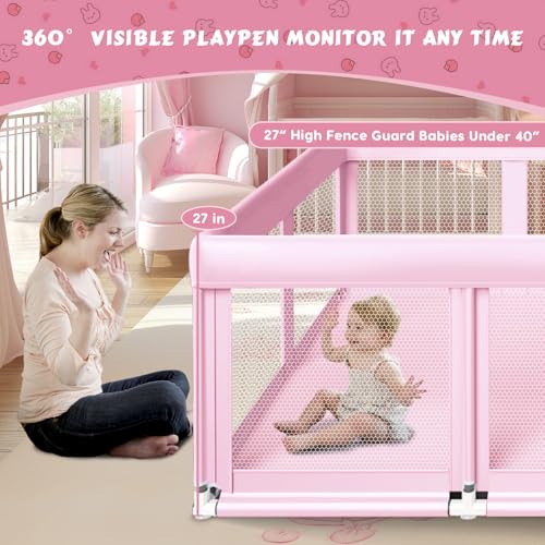 Fshibila 74" ×50" Large Baby Playpen, Baby Playard for Babies and Toddlers, Play Pens for Indoor & Outdoor, Sturdy Safety Play Yard with Soft Breathable Mesh, Anti-Fall, Pink - color: Pink, size: 74 x 50 IN