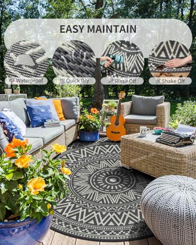MontVoo Outdoor Rug Carpet Waterproof Round 8ft Outdoor Patio Rug Mat Reverisble Plastic Straw Outdoor Rug for RV Camping Picnic Beach Balcony Boho Grey - color: Grey, size: 8' (Round)