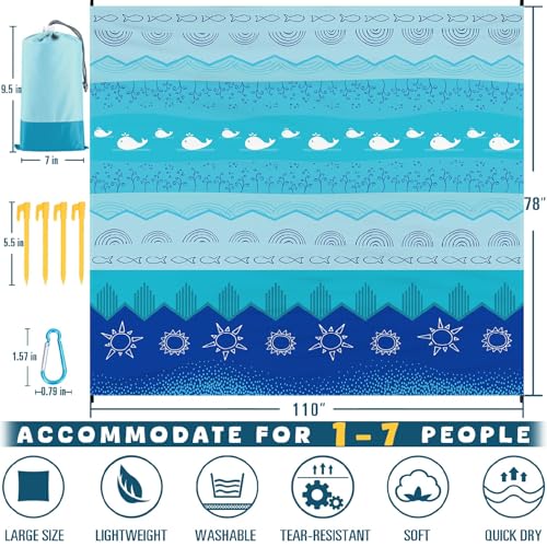 Beach Blanket Waterproof Sandproof Oversized 78''×110'' Suits 1-7 Adults Lightweight Large Picnic Mat Sand-Free Beach Blanket for Travel Camping Hiking Picnic - color: Sea, size: 78''x110''