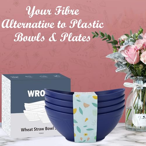 Wrova 65oz Large Salad Bowls Deep Blue - Wheat Straw Serving Bowls Set of 4 - Unbreakable Serving Bowls Dishware & Microwave Safe - BPA Free Bowl for kitchen,camping - color: Blue, size: 4 Pack
