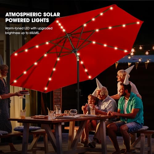 wikiwiki 10FT Solar Led Patio Umbrella with Base Included, 32 LED Lights, 8 Sturdy Ribs, Fade Resistant Waterproof POLYESTER DTY Canopy for Garden, Lawn, Deck, Backyard & Pool, Red - color: Red, size: 10FT