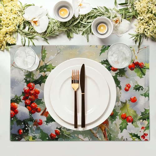Birds Christmas Placemats Set of 4, 12x18 Inch Winter Xmas Tree Branches Red Berries Washable Reusable Linen Fabric Place Mats for Farmhouse Kitchen Dining Party Table Decoration - color: Winer Birds Berry