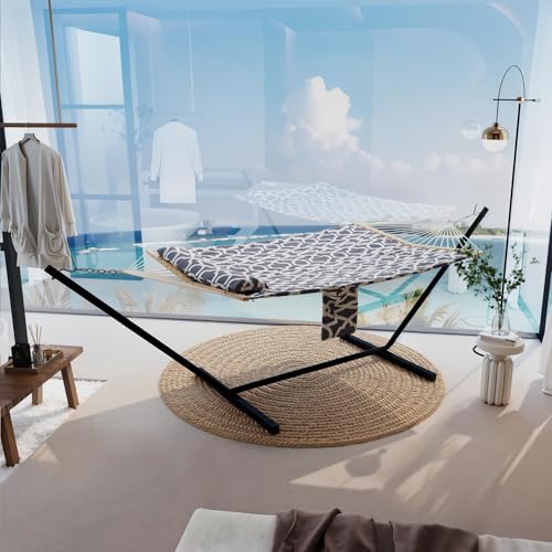 2 Person Outdoor Hammock with Stand, Person Cotton Rope Hammock with Polyester Pad, Portable Hammock with Carrying Bag, for Patio, Garden, Beach, Backyard Camping - color: Grey