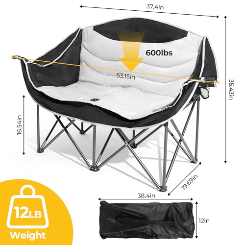 Double Camping Chair,Oversized Foldable Camping Chairs with Cup Holders Heavy Duty Loveseat Couch for Adults Suitable for Indoor Outdoor Beach Support 600 lbs（Black/White）