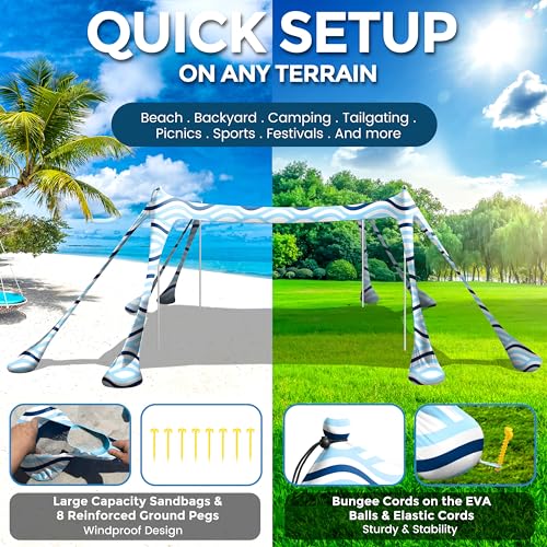 Beach Canopy Beach Tent Pop Up Shade 10x10ft Sun Shelter UPF50+ with 8 Sandbags-2 Sand Shovel-4 Aluminum Poles-Ground Pegs-Portable Carrying Bag for Outdoor Family Camping Fishing Yard Picnic - color: Sea Wave