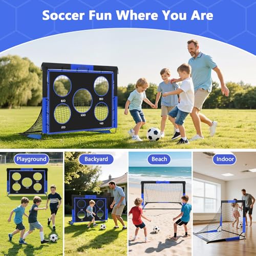 MoKo Soccer Goals for Backyard, 5×4 FT Large Size Pop Up Goal Net with Target Panel, Portable Soccer Training Equipment for Kids Practice, Outdoor Sports Game, Black+Blue