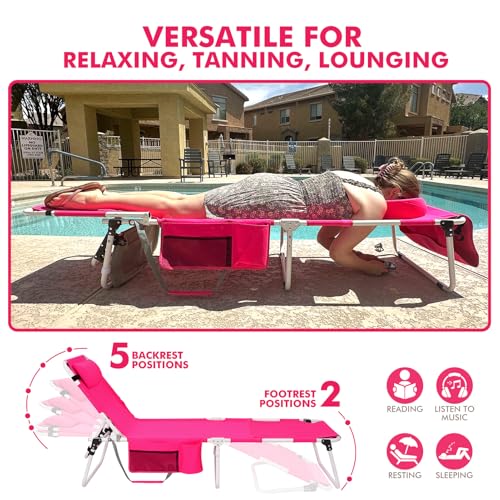 Tanning Chair with Sun Canopy Face Hole Softer Padded Adjustable Washable, Heavy Duty Layout Folding Lounge Chair for Adults Outside Beach Reading Sunbathing Poolside, UPF 50+ Sun Shade, Pink, 300 LBS - color: Pink, size: Standard Size