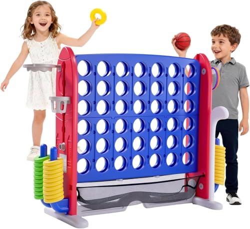 Jumbo 4-in-a-Row Giant Connect Game - Adjustable Height (2.5-3.5 ft) Stand, Quick-Release Slider, 42 Rings, Indoor Outdoor Party/Family Game for Kids & Adults-Blue