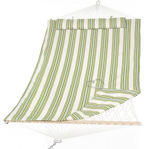 SUNCREAT Portable 2 Person Hammock with Hardwood Spreader Bar, Cotton Rope Outdoor Hammock with Polyester Pad, Green&Beige - color: Green&beige