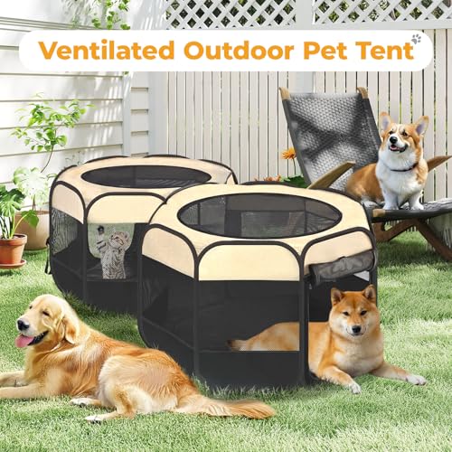 EighteenTek® 2-in-1 Pop Up Cat Playpen, Assembly-Free Dog Puppy Pet Playpen, Indoor Outdoor Cats Enclosed, Cat Tent House Crate Cage, Portable & Foldable Playpen for Kittens(No Divider, Unified Space) - color: Beige, size: M, 71"L x 34" x 24.1"H