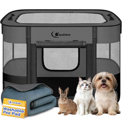 Dog Playpen,Cat Pet Puppy Pen,Portable Playpens for Dogs Indoor Outdoor Travel Camping Use,Foldable Dog Kennel Tent Crate for Rabbit Small Animals with Carrying Case (Dark Grey with Pad, Small) - color: Dark Grey with Pad, size: Small