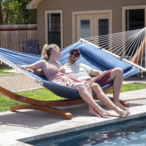 SUNCREAT Hammocks 2 Person Hammock with Stand, Hammock Cover, Portable Patio Hammock with 13.5 ft Wooden Stand, Navy - color: Navy