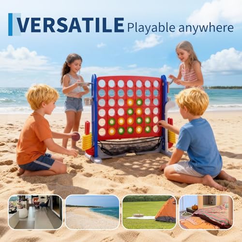 4-in-1 Giant 4-in-a-Row Connect Game Set with Basketball Hoop & Ring Toss – Height Adjustable Jumbo Outdoor Yard Game, Quick Release, for Kids & Adults – Red Mainboard with Blue Side Panels