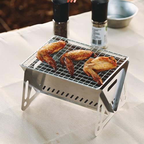 Mini Portable Camping Grill with Bamboo Stick/Storage bag, Small Assemblable Removable BBQ Grill Tabletop Fire Pit for Camping Patio Outdoor Stainless Steel Camping Grill Folding Barbecue Grills
