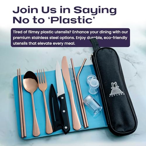 Taplord Portable Travel Silverware Set With Case, Includes 10 Pcs of Travel Utensils With Case, Stainless Steel Flatware Set For Camping, Lightweight (Rose Gold) - color: Rose Gold, size: 10 Pieces