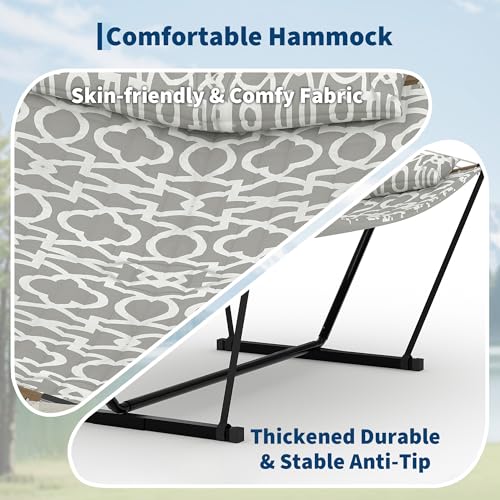2 Person Double Hammock with Adjustable Steel Stand & Pillow, Heavy Duty Portable Outdoor Hammock Set, MAX 450 LBS Weight Capacity for Patio, Garden, Beach, Backyard - color: V-light Gray Textured