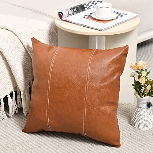 Fancy Homi 2 Packs Brown Faux Leather Decorative Throw Pillow Covers 16x16 Inch for Living Room Couch Bed Sofa, Hand Stitched Accent Square Cushion Case, Rustic Modern Farmhouse Boho Home Decor - color: Brown, size: 16" x 16" (Pack of 2)