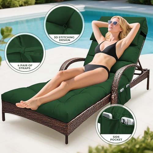 Outdoor Chaise Lounge Chair Cushion, Waterproof Outdoor Chair Cushions for Patio Furniture, 71 x 21 x 4 Inches Replacement Chaise Lounge Cushion with Ties (Green) - color: Green