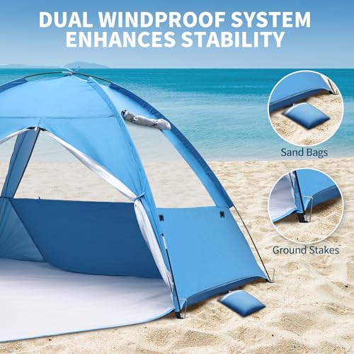 COVACURE 2026 New Upgraded Beach Tent Sun Shelter for 3-4 Person - UPF 50+ UV Protection Beach Shade, Waterproof & Lightweight, Easy Setup Portable Sun Canopy for Camping, Fishing, Beach(Blue) - color: Blue
