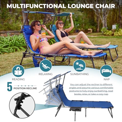 FUNDANGO 4 in 1 Tanning Chair with Face Hole, Beach Lounge Chair w/Canopy Shade & Side Table Chaise Lounge Chairs for Patio, Pool, Lawn, Sunbathing, 5-Position Adjustable Sun Lounger, Blue - color: #Ucp 1 Pack Blue, style: UltimateComfort Pro 5 Position C