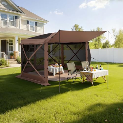 VEVOR Pop up Gazebo Screen Tent, 12 x 12 ft Large 6-Sided Camping Canopy Tent with Removable Top & Carry Bag, Quick-Set & Bite-Proof, Screen House Sun Shelter for 8-10 Persons Backyard Patio, Brown - color: Brown, size: 12 x 12 ft