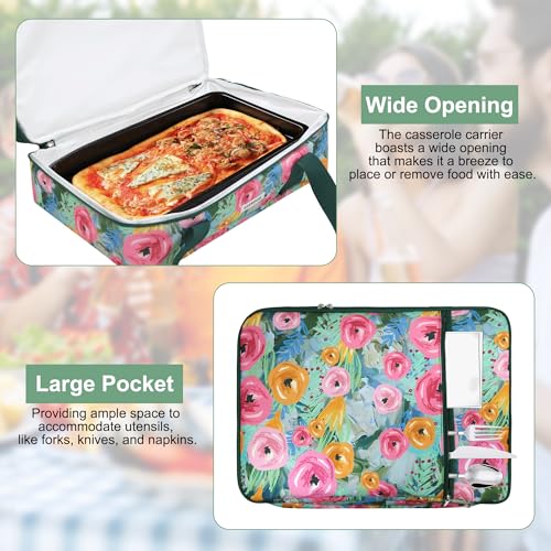 Double Decker Insulated Casserole Carrier, Expandable Thermal Food Warmer Bag Fits 9x13 Dish, Leak-Proof Potluck Lasagna Holder with Utensil Pocket for Picnic Party Cookout (Green Floral) - color: Green Floral