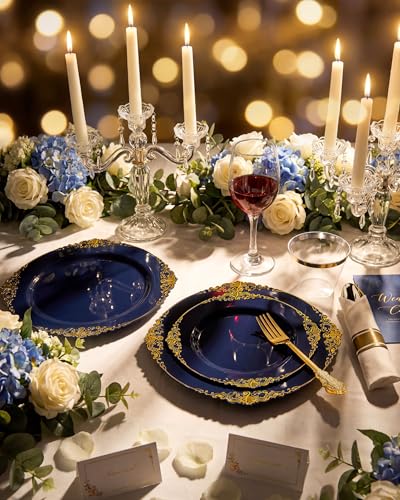 Nervure 350Pcs Blue Plastic Plates - Blue Gold Plastic Dinnerware Sets for 50 Guests - 100 Navy Gold Disposable Plates, 50 Pre Rolled Silverware, 50 Cups Perfect for Wedding & Party - color: Navy Blue and Gold