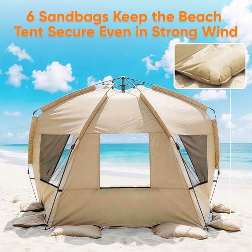 Golabs BT1 Pop up Beach Tent Sun Shelter for 3-Person, 1-Minute Setup by Pre-Attached Pole & UPF 50+, Beach Shade with Detachable Floor Mat, Mesh for Clear View & Airflow, only 7 lbs & Pocket and Hook - color: CAMEL