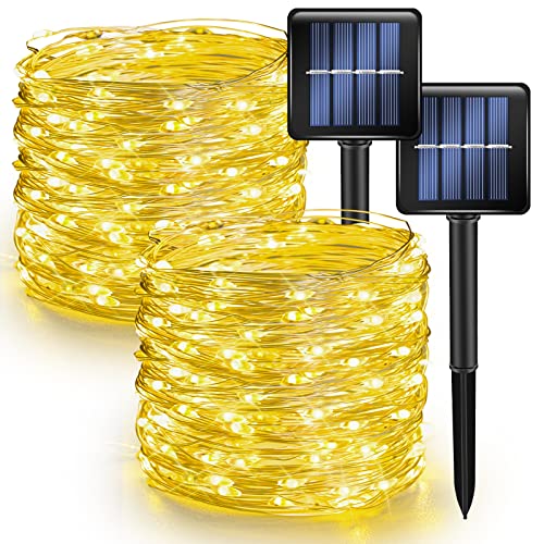 Dazzle Bright 2 Pack Solar String Lights Outdoor, Total 80FT 240LED Solar Powered Waterproof Fairy Lights 8 Modes, Silver Wire Lights (Warm White) - color: Warm White, size: 2 Pack