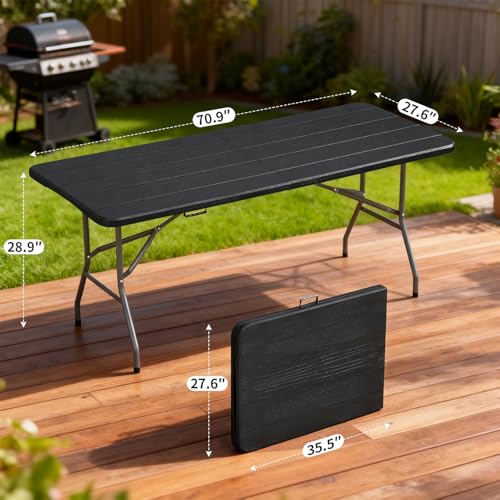 BestOffice 6 FT Picnic Table, Portable Plastic Folding Table with Carrying Handle Perfect for Picnics, Parties, Party and Camping, Black Wood Grain - color: Black Wood Grain, size: 6 FT 70"x28"