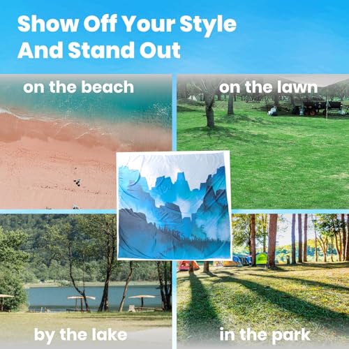 Oversized Sandproof Beach Blanket (106"x81"), Extra Large Beach Sheet for Up to 8 People. Sandfree Beach Mat, Big Sand Blankets with Sand Bags and Stakes. (Cyan Mountain) - color: Cyan Mountain, size: X-large (106" X 81" / 8'10" X 6'9")