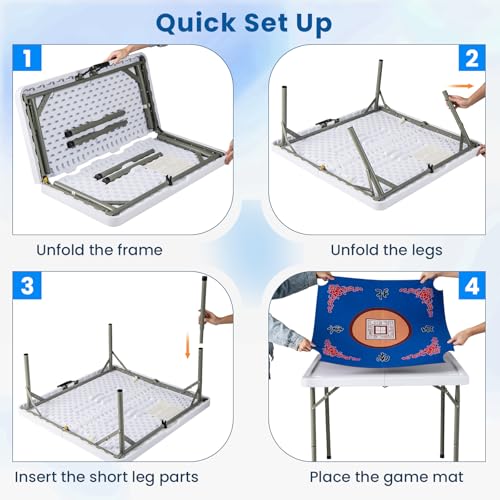 Goplus Mahjong Table, 35" Square Folding Card Table w/4Cup Holders, Anti Slip Mat, HDPE Tabletop, Metal Legs, Portable Mahjong Game Table for Domino Game, Picnic (Table w/Removable Mat, Blue) - style: Blue, Table w/Removable Mat