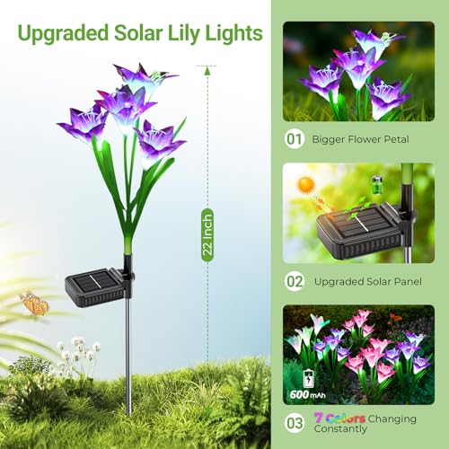 WdtPro Solar Lights Outdoor Garden Decorative 6 Pack, Waterproof Solar Garden Lights with 24 Lily Flowers, Color Changing LED Solar Powered Landscape Lights for Outside Yard Patio Decor,Gifts - size: 6
