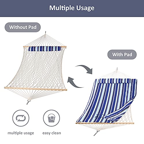 SUNCREAT Cotton Rope Hammock for Two People with Hardwood Spreader Bars, Quilted Fabric Pad & Detachable Pillow, Extra Large Hammock with Wooden Stand, Blue Stripe - color: Pad-blue Stripes